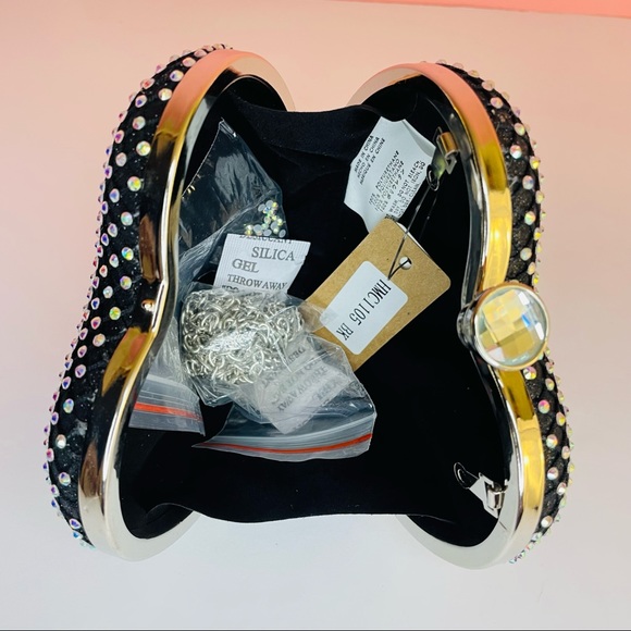 TRENDY BLACK MESH RHINESTONE HEARTBOX GOLD STRAP CHAIN CLUTCH CROSSBODY BAG - Picture 4 of 5